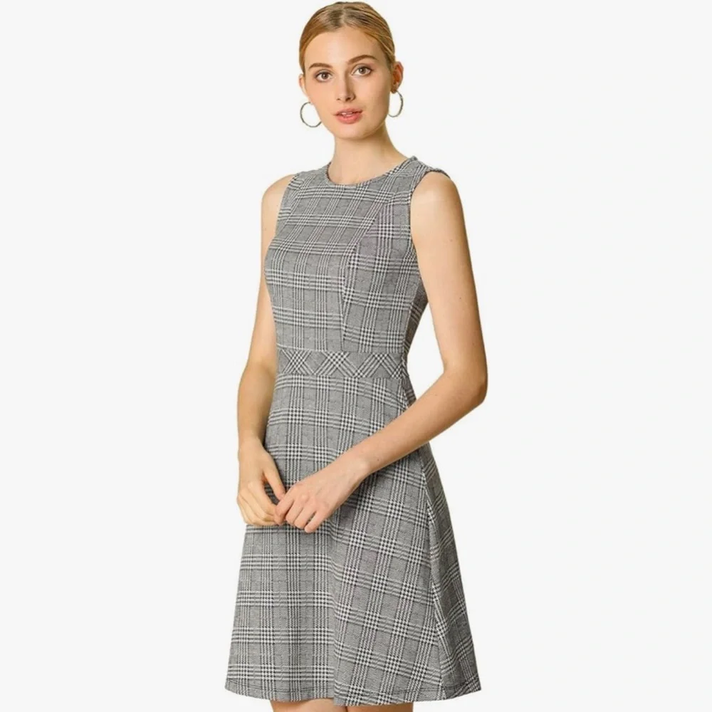 Plaid Dress Sleeveless Fit and Flare Houndstooth Work Dresses - Picture 1 of 4